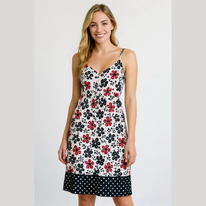 Vintage black white red floral and polkadot spaghetti strap dress Jr size small